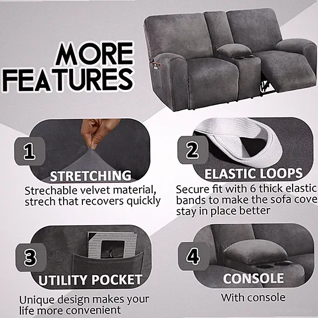 ULTICOR Reclining Loveseat with Middle Console Slipcover, 8-Piece Velvet Stre...