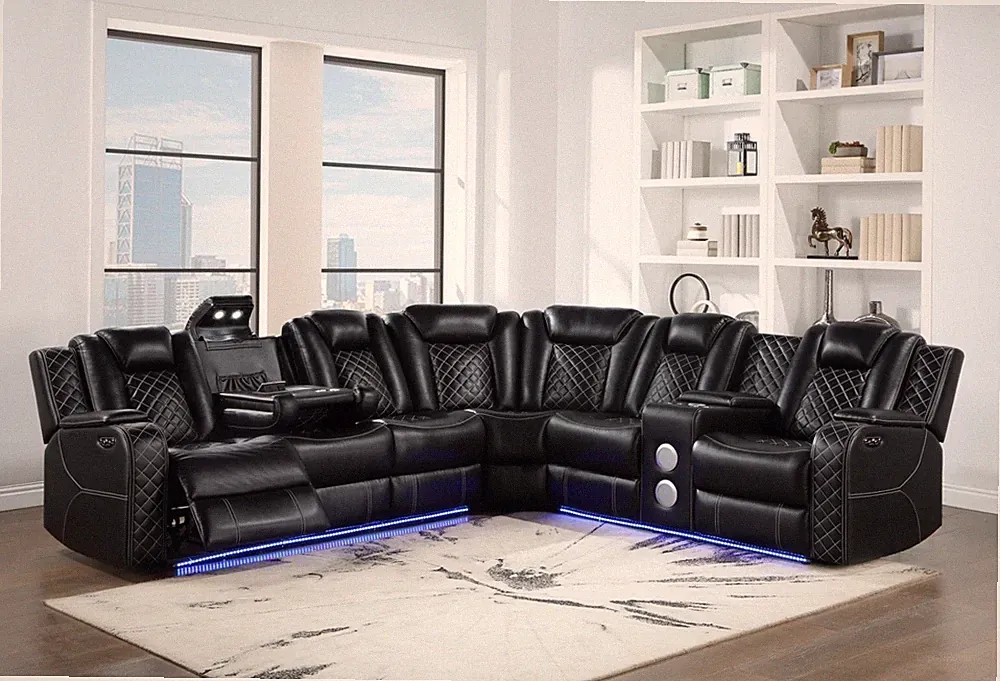 ULTIMATE BLACK POWER RECLINING DROP DOWN TABLE SECTIONAL LIVING ROOM FURNITURE