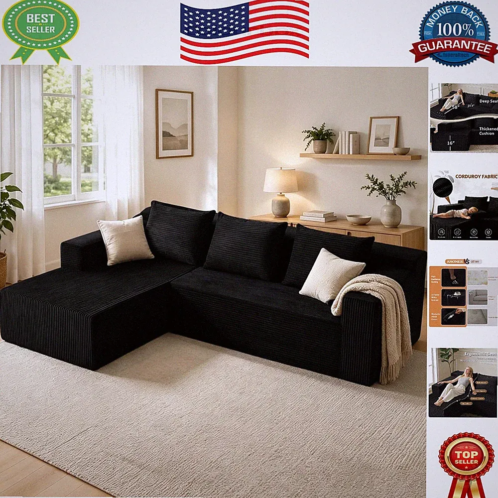 Ultra Comfy Boneless Cloud Couch, L-Shaped Black Sectional Sofa for Living Room