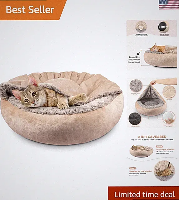 Ultra-Soft Dog Cat Bed with Blanket - 23" Cozy Burrow Cave for Small Breeds