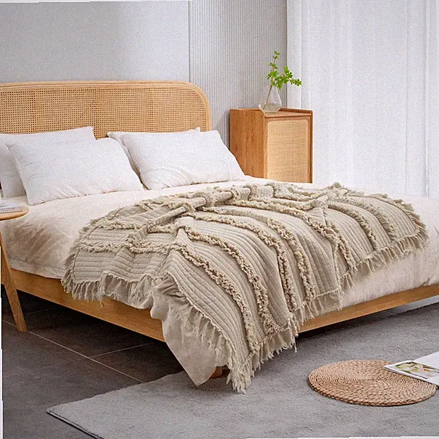 Ultra Soft Pre-Washed Quilted Boho Beige Queen Size Blankets for Bed, Ruffle...