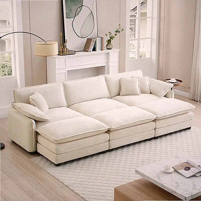 Unbranded Modular Sleeper Sofa w/ 3 Ottomans, Corduroy Fabric, Beige