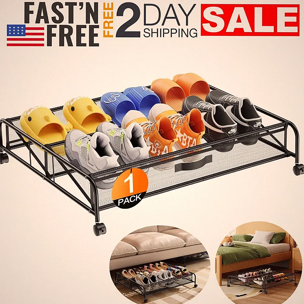 Under Bed Shoe Storage Organizer With Wheels Metal Space Saving For Bedroom Sofa