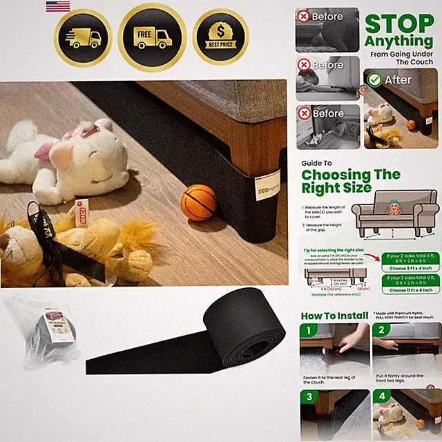 Under Couch Guards Toy Blocker - Elastic Strap Barrier for Under Sofa, Bed &...