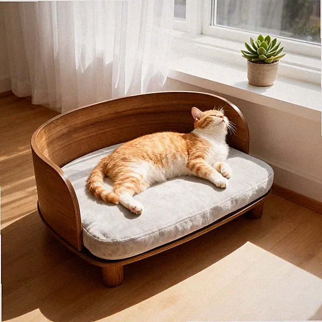 Unique Elevated Pet Sofa Wood Dog Couch Bed with Velvet Cushion for Puppy Kitty