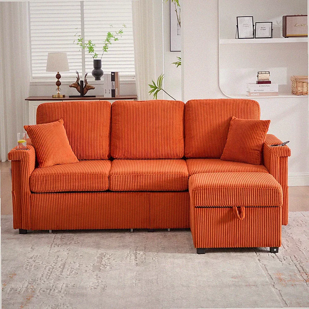 UNITED WE WIN L-Shaped Sectional Sofa with Pull-Out Storage,Ottoman & Pillows