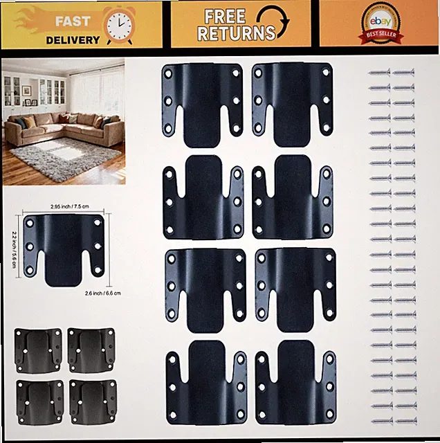 Universal Sectional Sofa Connectors - Interlocking Bracket Hardware, 4 Sets, 8 P
