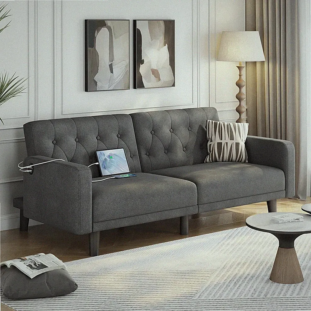 Upholstered 63in Convertible Futon Sofa Bed Living Room Guest Sleeper USB