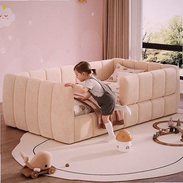 Upholstered Daybed Toddler Bed w/ Removable Guardrail High Headboard & Footboard