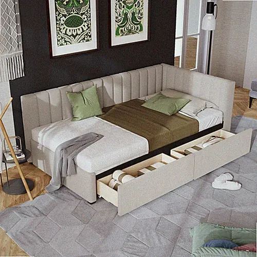Upholstered Daybed with 2 Drawers Platform Bed Frames Sofa Bed Bedroom Furniture