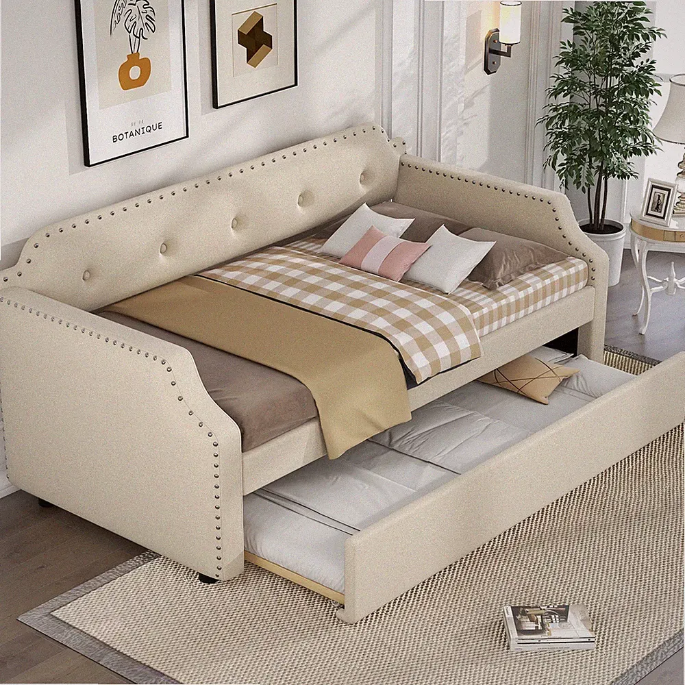 Upholstered Daybed with Trundle, Sofa Bed, Twin, Beige