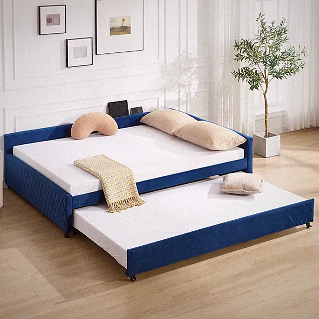 Upholstered Daybed with Trundle,sturdy wooden bed frame, modern diamond grid d