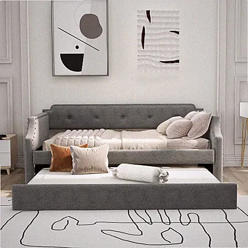 Upholstered Daybed with Trundle Tufted Sofa Bed Wood Bed Frames For Living Room