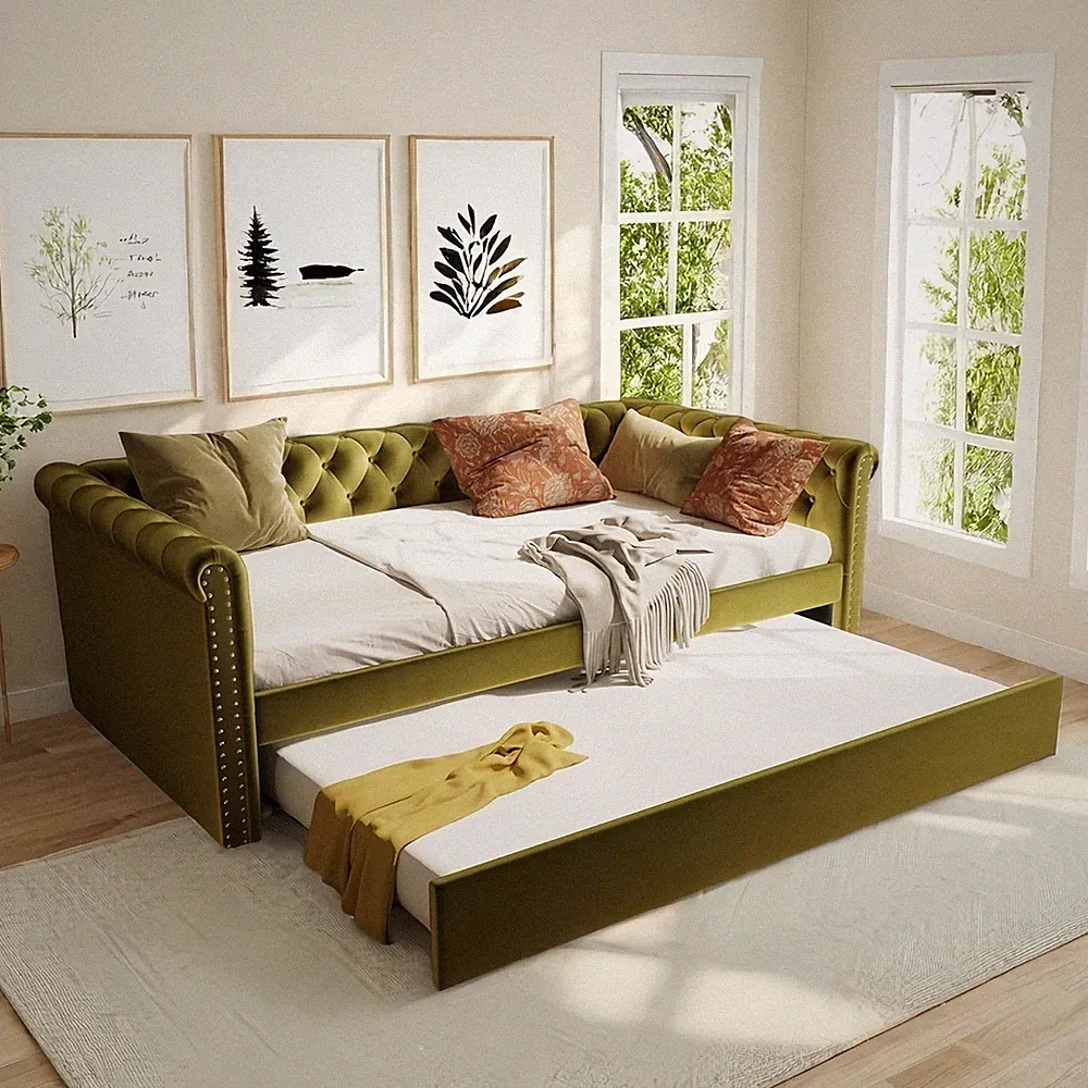 Upholstered Daybed with Trundle, Twin Size Trundle Sofa Bed, Couch Bed with Back