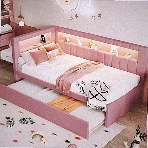 Upholstered Daybed with Trundle USB Port Twin Size Platform Bed Frames Sofa Bed