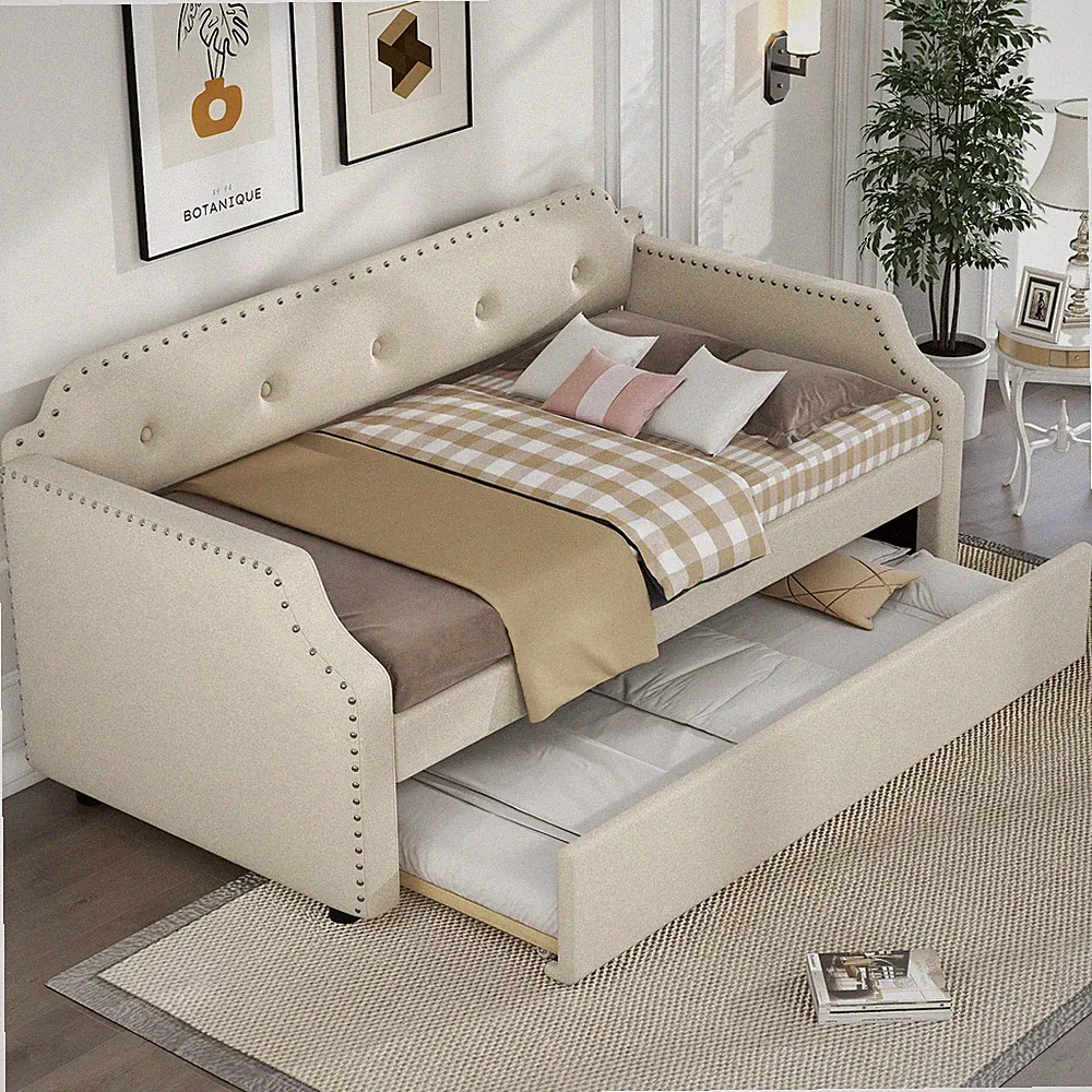 Upholstered Daybed with Trundle, Wood Slat Support,Upholstered Frame Sofa Bed
