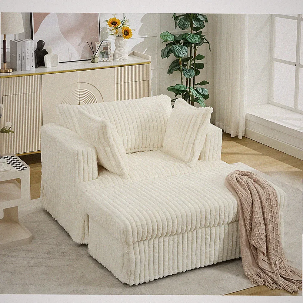 Upholstered Deep Seat Reclining Pad Chair Sofa Corduroy Chaise Longue w/Ottoman