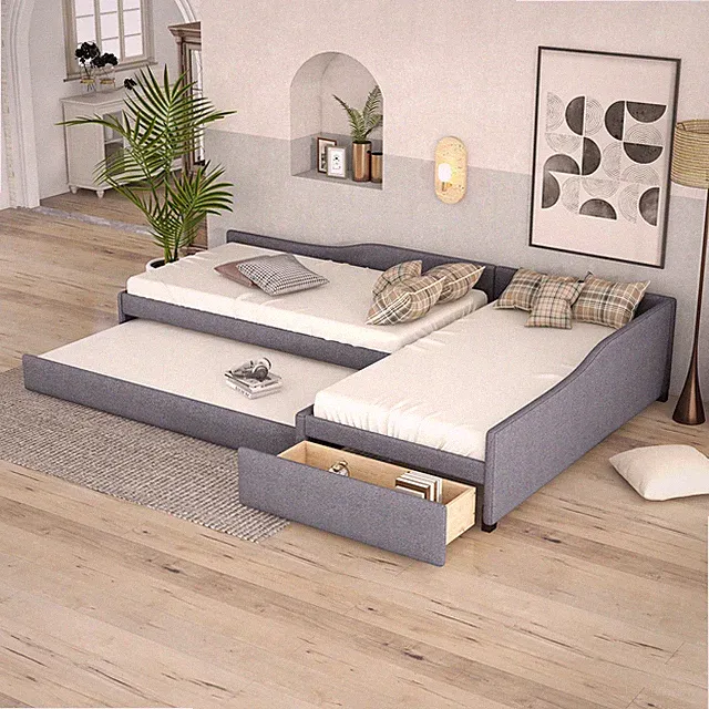 Upholstered Double Twin Size Daybed Sofa Bed with Trundle and Drawer Home