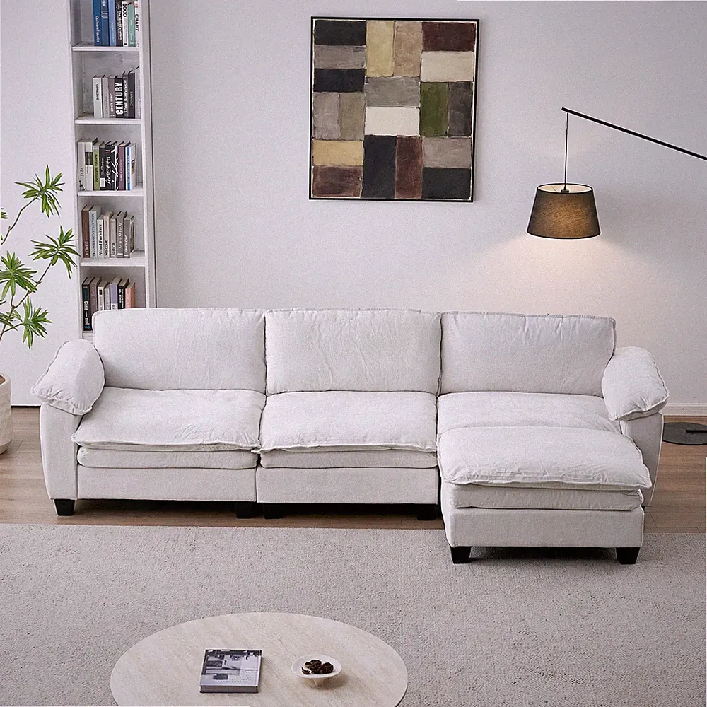 Upholstered L Shape Sofa Couch Living Room Sofa Luxury Couch with Ottoman Beige