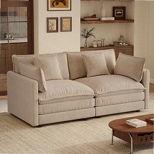 Upholstered Large Size Deep Seat 2-Seat Sofa w/2 Armrest Pillows and 2 Toss Pi