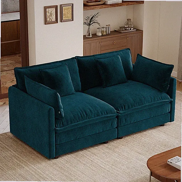 Upholstered Large Size Deep Seat 2-Seat Sofa w/2 Armrest Pillows and 2 Toss Pil
