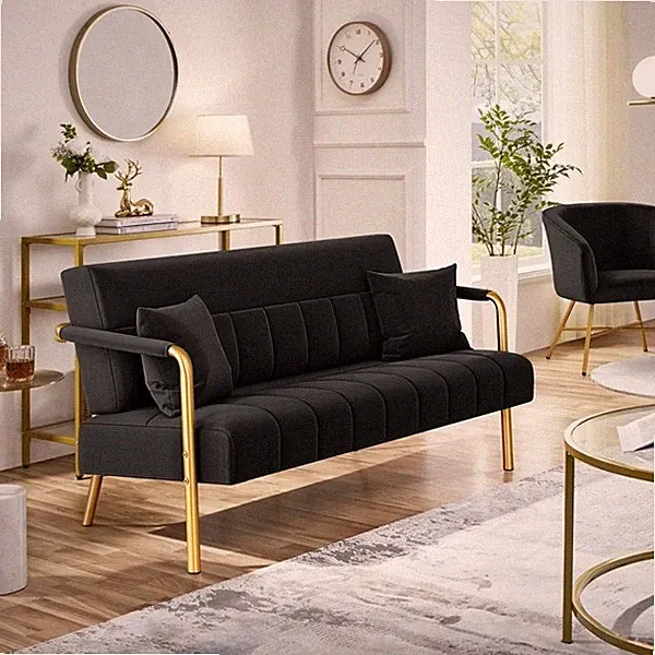 Upholstered Modern Sofa Couch with Gold-tone Metal Arms and Legs for Small Space