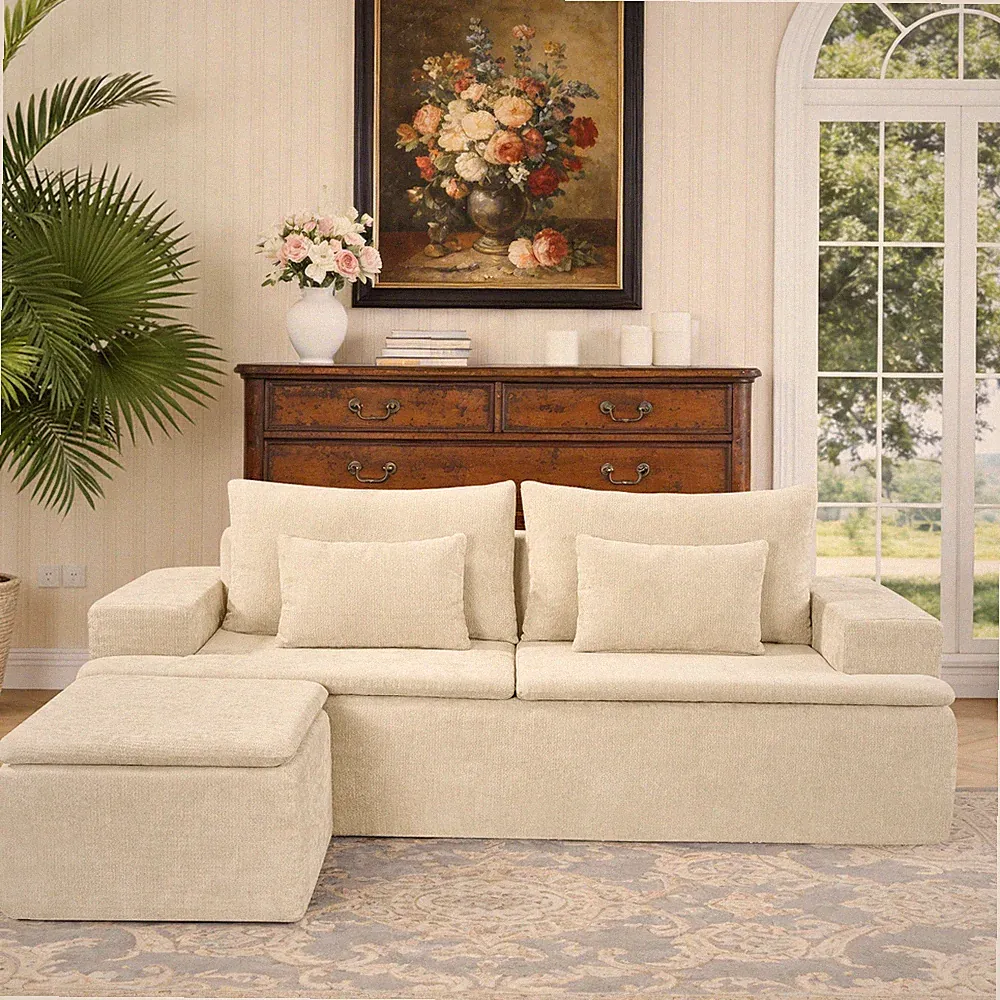 Upholstered Modular Sectional Sofa, L-Shaped Boneless Couch with Movable Ottoman