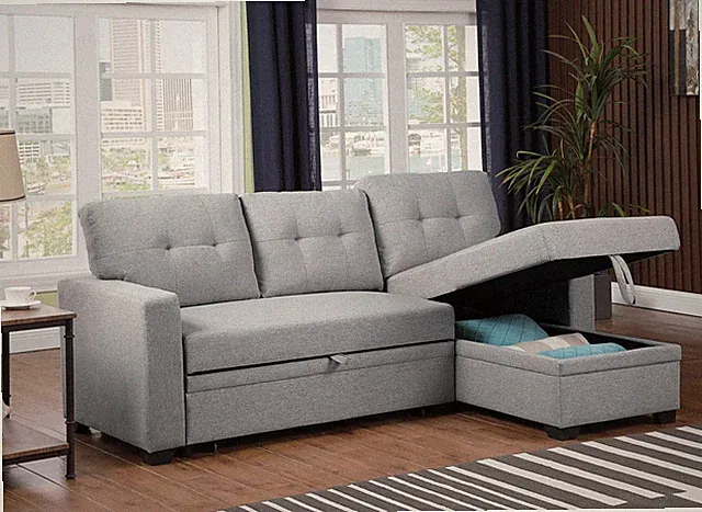 Upholstered Pull out Sectional Sofa with Chaise|Light Gray