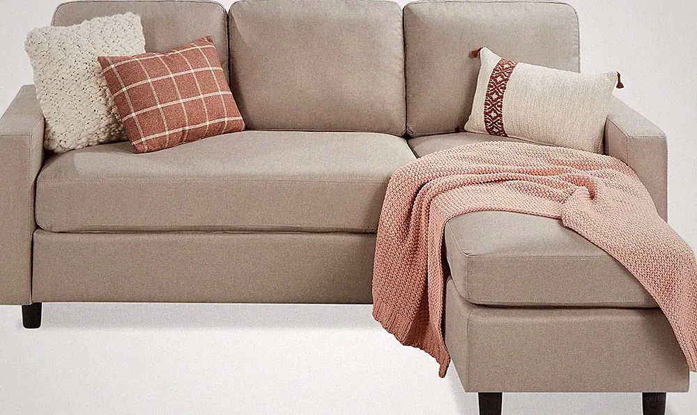 Upholstered Sectional Sofa Chaise Lounge 3-Seat L Shape Reversible Ottoman Beige