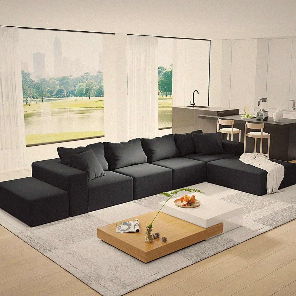 Upholstered Sectional Sofa Couch Set,Modular 132" L Shaped Sofa Bed w/6 Pillows