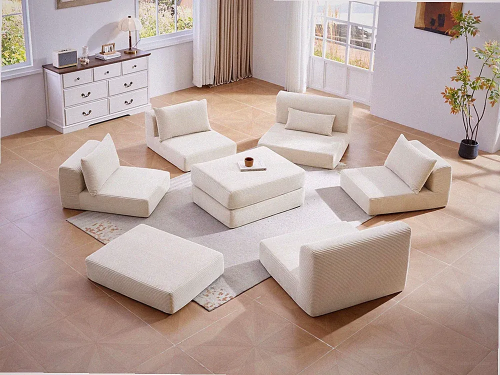 Upholstered Sectional Sofa Set, 100" L-Shaped Modular Couch, White