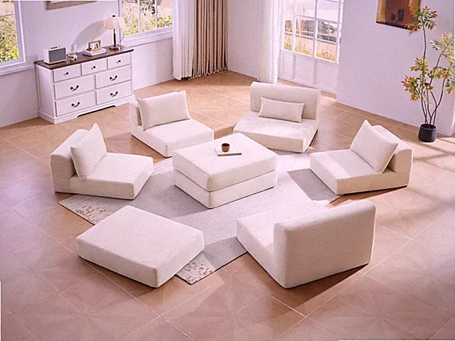 Upholstered Sectional Sofa Set, Modular L-Shaped 100", White Corduroy