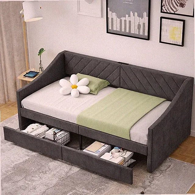 Upholstered Twin Size Daybed with Two Storage Drawers, Twin Leatherair Sofa Bed