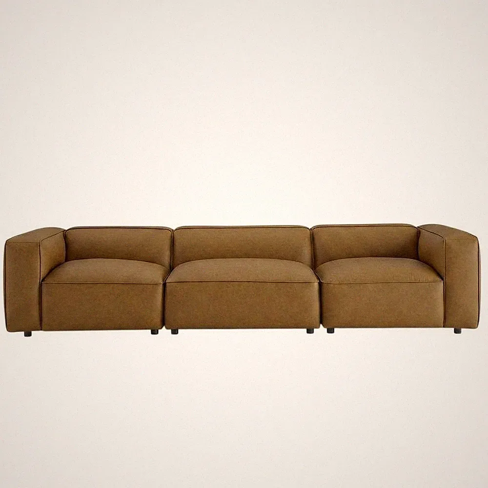 Upholstered Vegan Leather Modular Sectional Sofa with Mid-Century Style, Camel