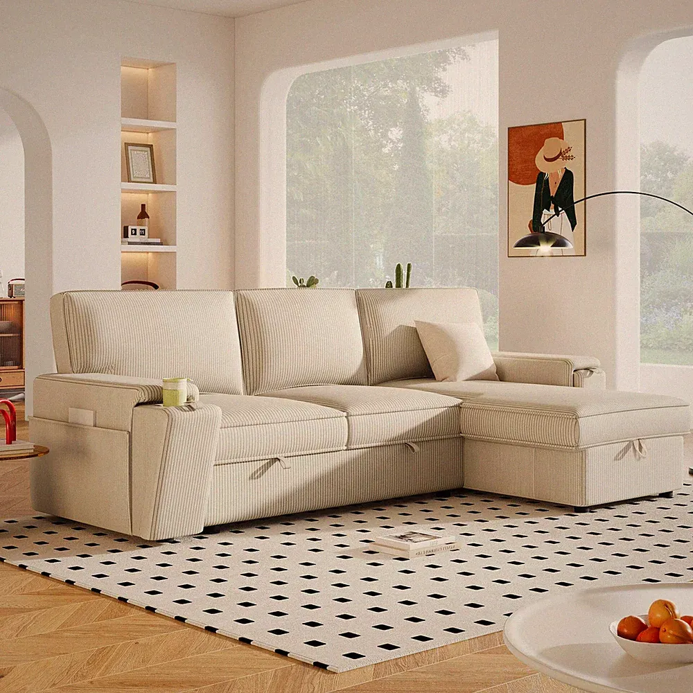 Upholstery Sleeper Sectional Sofa With Storage Bags And 2 Cup Holders On Arms Be