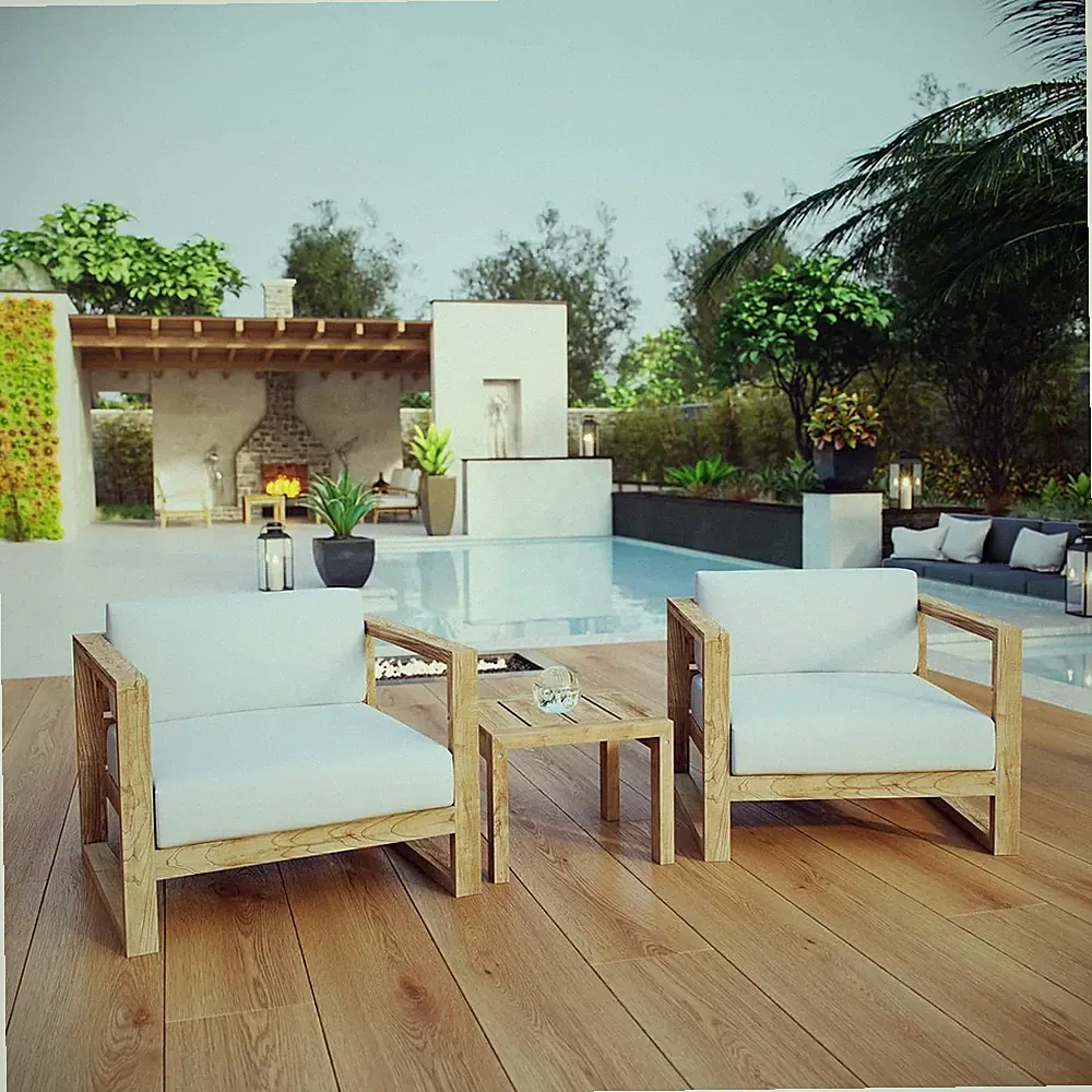 Upland Teak Wood Outdoor Patio 3-Piece Sectional Sofa Set with Cushions in Natur