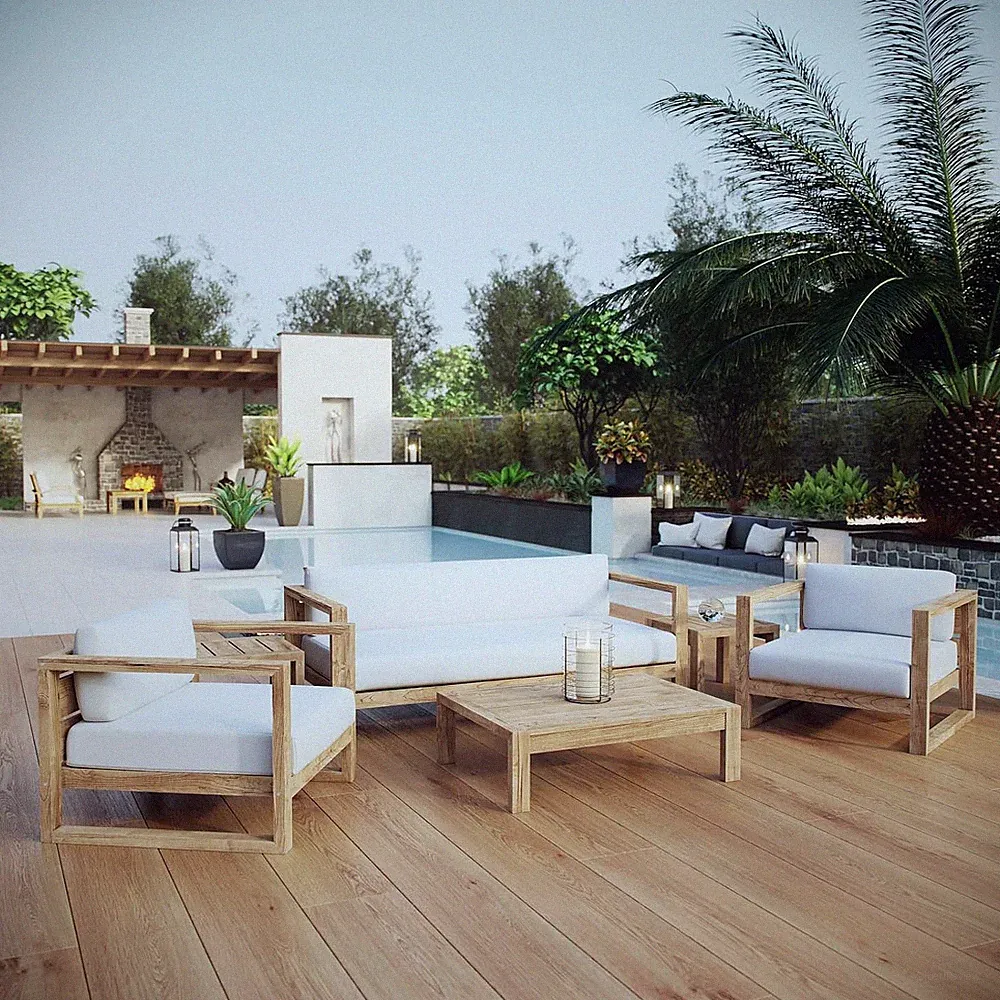 Upland Teak Wood Outdoor Patio 6-Piece Sectional Sofa Set with Cushions in Natur