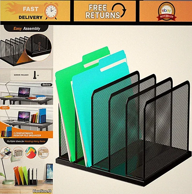 Upright Mesh Desk File Organizer - 5-Section Desktop Sorter for Office & Home