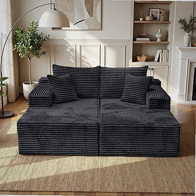 US In Stock Fast Ship 2-Piece Black Corduroy L Shape Oversized Deep Seat Couch