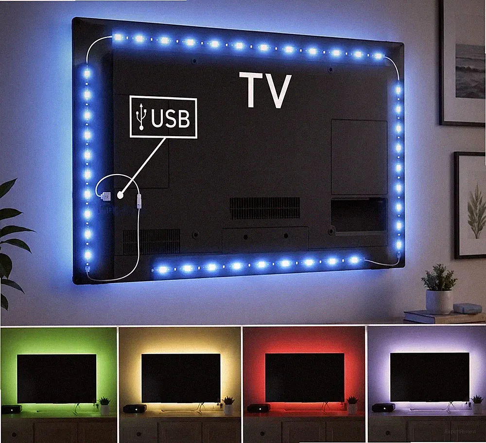 USB LED TV Backlight Strip 2ft RGB Ambient Light Remote 3 Pre-Cut Sections