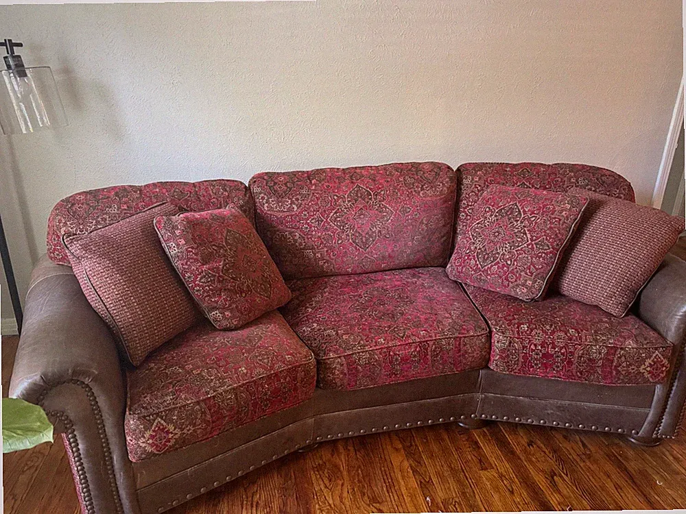 Used boho rustic red couch, curved, 3 cushions with 4 matching pillows