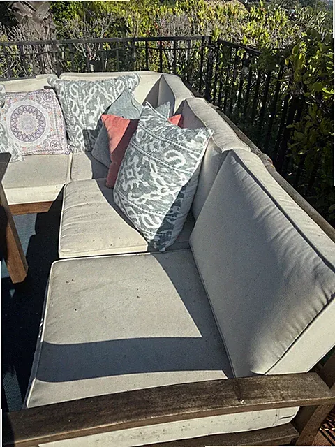 used outdoor patio furniture set. All teakwood and modern styled. Mahogany color