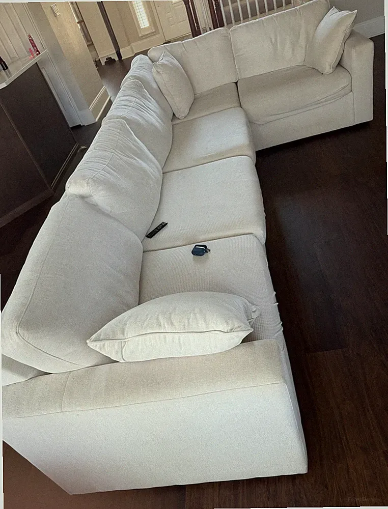 used sectional sofa couch, beige color, 5 seater, fabric, well maintained