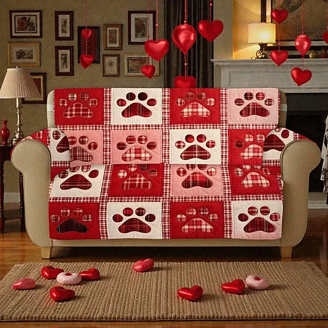Valentine Paw Dog Quilted Sofa Cover Farmhouse Pet Lover Sofa Protector Decor