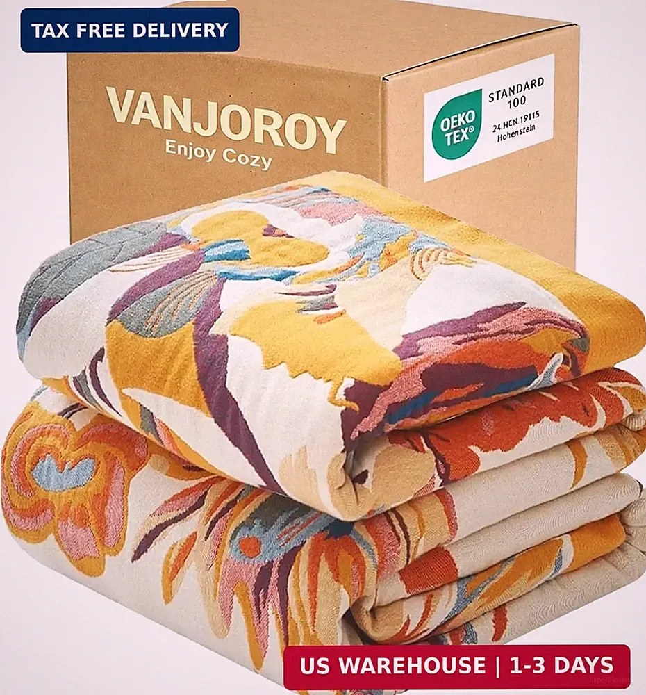 VANJOROY Boho Throw Blanket, 100% Organic Cotton 50x60 for Couch Bed, Beige | Co