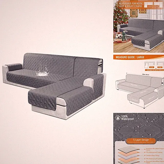 VANSOFY Sectional Couch Cover 100% Waterproof L Shaped 3pcs Dark Gray Large