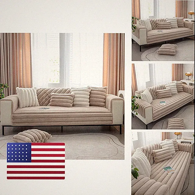 Vctops 3D Striped Faux Fur Couch Cover Thick Warm Soft Sofa Cover Non Slip