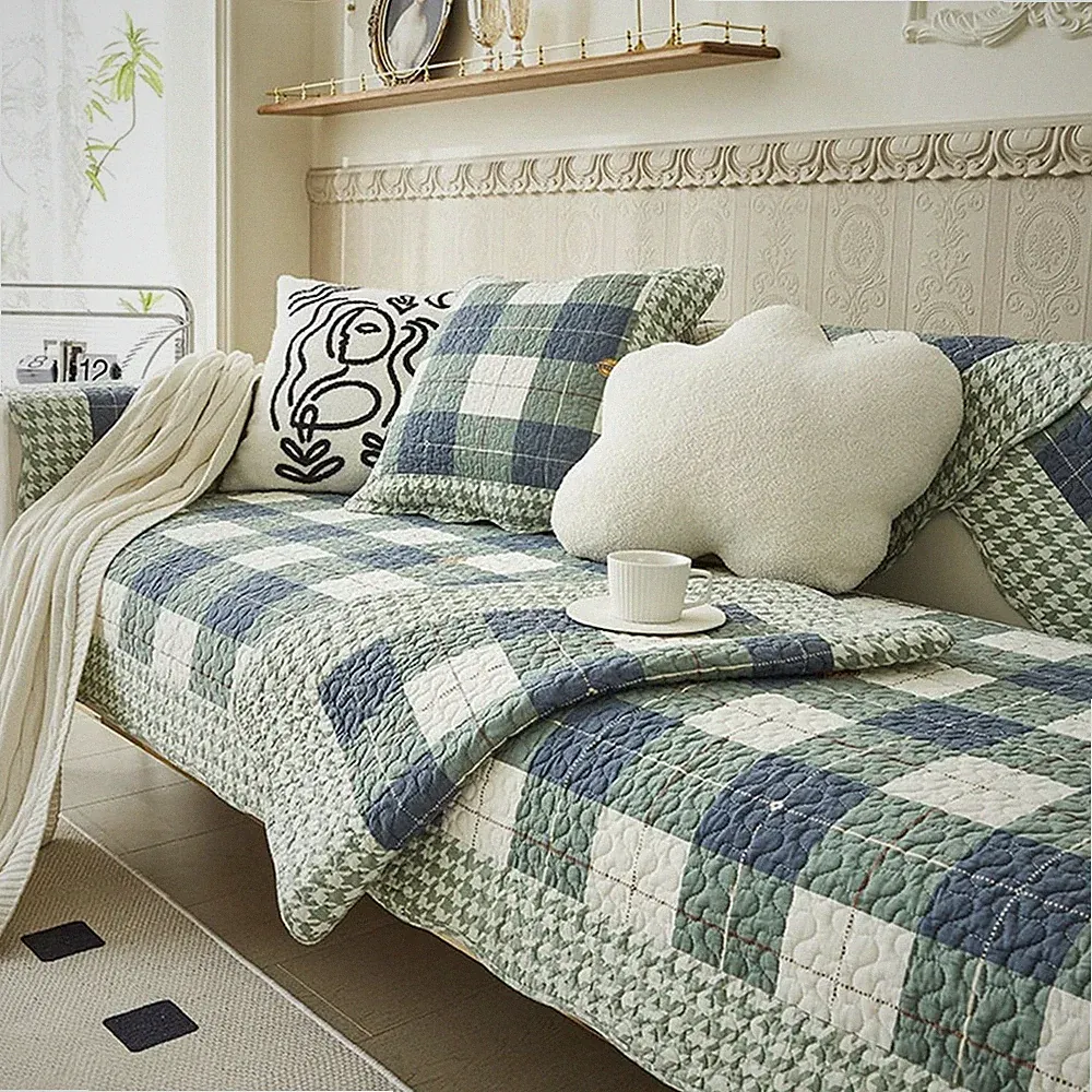 Vctops Cotton Quilted Sofa Cover Farmhouse Green Plaid Sectional Couch Covers
