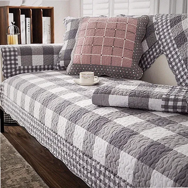 Vctops Farmhouse Buffalo Check Plaid Cotton Sofa Couch Cover Patchwork Quilted