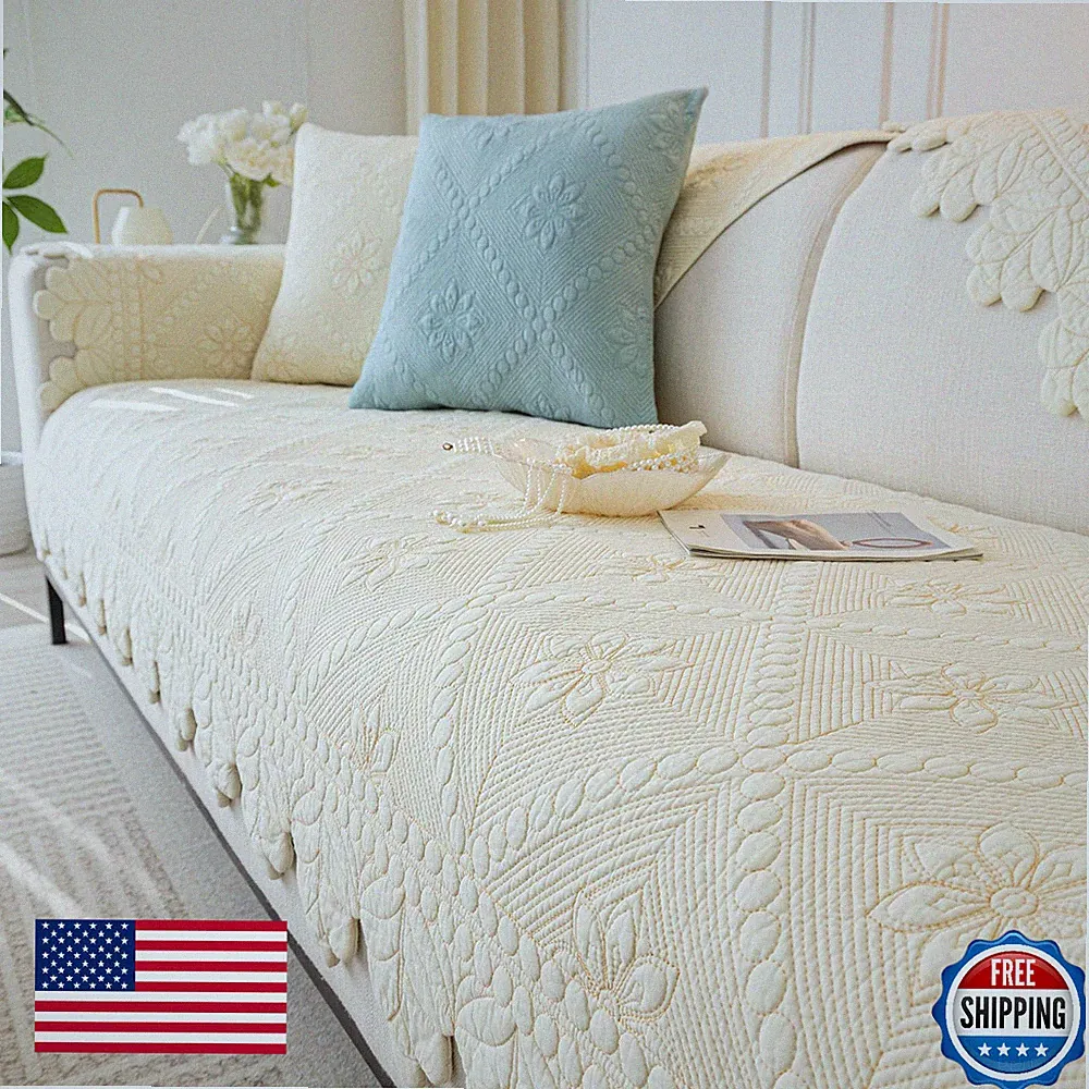 VCTOPS Farmhouse Floral Embroidered 100% Cotton Quilted Sofa Cover